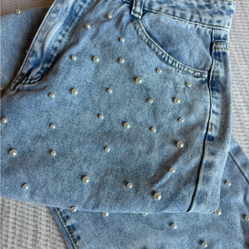 Pearl Embellished Light Wash Blue Jeans